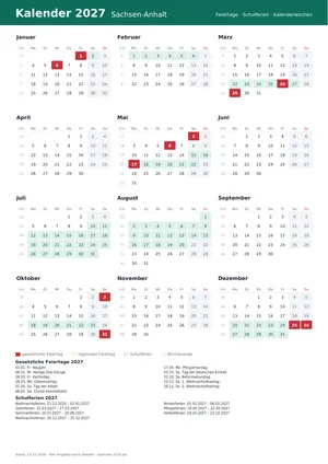 Vorschau: Kalender 2027 Sachsen-Anhalt, A4 hoch als PDF zum Ausdrucken