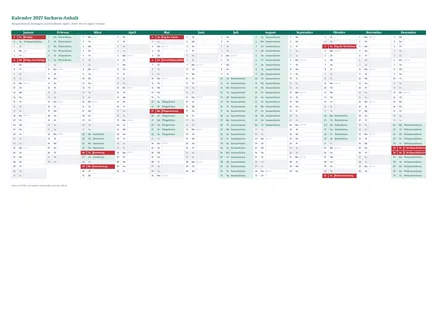 Vorschau: Kalender 2027 Sachsen-Anhalt, A4 quer als Excel-Vorlage