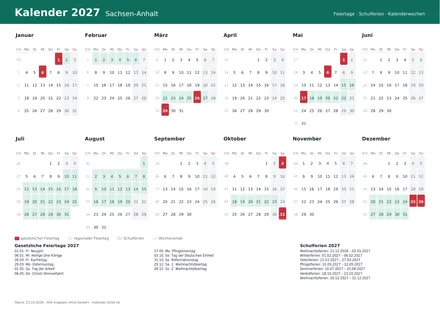 Vorschau: Kalender 2027 Sachsen-Anhalt, A4 quer als PDF zum Ausdrucken