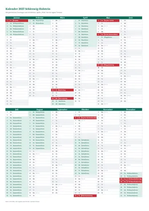 Vorschau: Kalender 2027 Schleswig-Holstein, A4 hoch als Excel-Vorlage