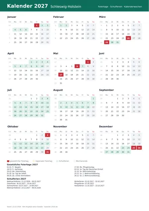 Vorschau: Kalender 2027 Schleswig-Holstein, A4 hoch als PDF zum Ausdrucken