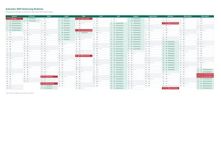 Vorschau: Kalender 2027 Schleswig-Holstein, A4 quer als Excel-Vorlage