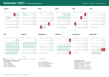 Vorschau: Kalender 2027 Schleswig-Holstein, A4 quer als PDF zum Ausdrucken
