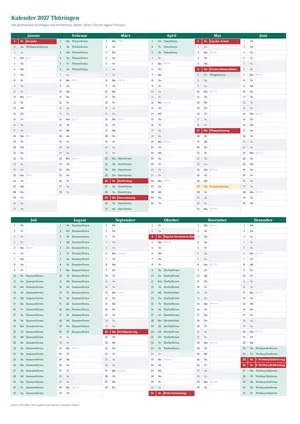 Vorschau: Kalender 2027 Thüringen, A4 hoch als Excel-Vorlage