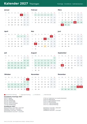 Vorschau: Kalender 2027 Thüringen, A4 hoch als PDF zum Ausdrucken