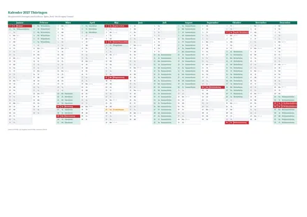 Vorschau: Kalender 2027 Thüringen, A4 quer als Excel-Vorlage