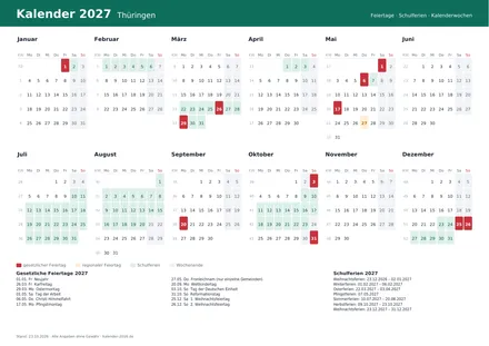 Vorschau: Kalender 2027 Thüringen, A4 quer als PDF zum Ausdrucken
